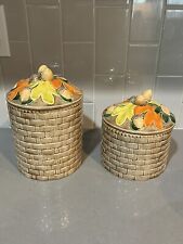 Vintage MCM Ceramic Cannister Pair Basketweave Acorn Autumn Leaves picture