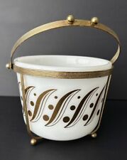 Vintage MCM Milk Glass Ice Bucket Gold Design with Brass Stand, Bar Cart Decor picture