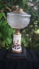 Antique 1880s Flower Pattern Glass Oil Lamp - Hand Painted Milk Glass Stem picture
