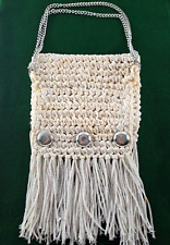 Vintage Straw Shoulder Bag W Fringe Silver Chain White 1960s Italy Retro 8x8 picture