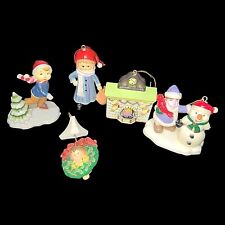 5 Vintage Hard Plastic Christmas Ornaments Kids Playing Fireplace snowman angel picture