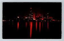 Detroit MI-Michigan, Night Skyline View, Skyscrapers  Vintage Souvenir Postcard picture
