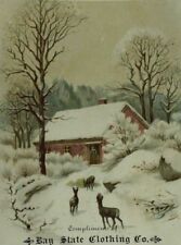 1880's-90's Bat State Clothing Co. Winter Scene Snow Deer Cottage &M picture