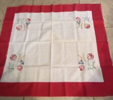 Vintage Hand Embroidered Tablecloth Floral Red White 37”x32” Cottage Core Estate picture