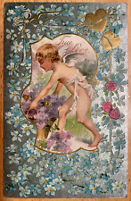 Vintage Victorian Postcard 1909 True Love - Silver Blue Flowered Card with Cupid picture