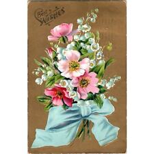 1909 Best Wishes Germany Dresden Gilt Bouquet Embossed Antique Postcard PD8 picture