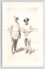 c1940s-50s Elder Couple~Grandparents on Beach~Bathers Vintage B&W MCM Photo picture