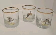 3 Vintage NED SMITH Duck Waterfowl Double Old Fashioned Glasses With Gold Rim picture