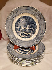 Set of 8 - Mount Clemens China Blue Currier & Ives Round Plate 10