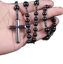 Hematite 28” Rosary Black Stone High Grade Beads Alloy Cross Catholic Necklace picture