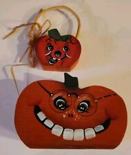 Cute Vintage 90s Halloween Decor Hand Painted Wood Pumpkin Jack-o-lantern Set x2 picture