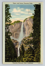 Postcard Upper & Lower Falls Yosemite National Park CA, Vintage Linen M14 picture