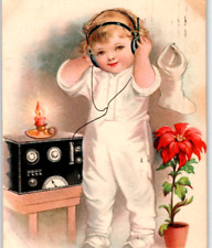 Christmas Postcard Ellen Clapsaddle Child With Headphones Ham Radio 1924 Wolf 35 picture
