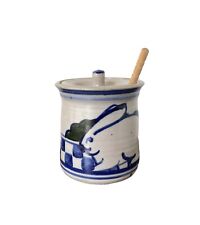 Debbie Dean Pottery Honey Crock Jar & Lid Bunny Rabbit Checkerboard 4.5” x 4” picture