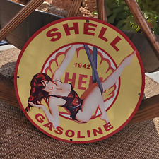 1942 SHELL GASOLINE PORCELAIN GAS & OIL STATION GARAGE MAN CAVE SIGN picture
