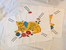 Vintage Mid-Century Needlepoint Cat & Flowers Pillowcases Handmade Pair Folk Art picture