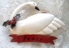 Metal Christmas Ornament - WHITE SWAN w/PEACE SIGN &  BERRIES & HOLLY picture