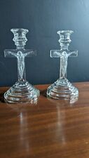 Vintage Set of 2 Pressed Glass Crucifix Candlesticks Jesus on Cross Frosted picture