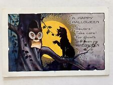 Halloween Postcard Whitney Owl Cat Moon Embossed Unposted picture