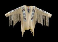 Old Style Beige Buckskin Suede Hide Fringes Beaded Powwow War Shirt NHS13 picture