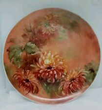 Vtg. Unique Myra China H.P. Orange Brown Chrysanthemums Plate W Green Leaves. picture