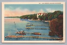 Boat Piers LAKE MENDOTA Madison Wisconsin—Rare Vintage Linen—Bishop Racine~1940 picture