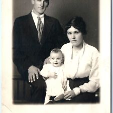 c1910s Young Married Couple & Smiling Baby RPPC Serious Mom Real Photo +Man A160 picture