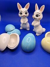 Vtg 2 Easter Bunnies And 4 Eggs Hand Painted Ceramic 4