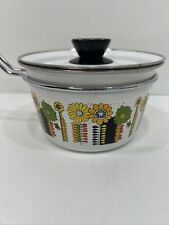 Vintage 1970s  Eanamelware Floral Yellow Green 1qt Sauce Pan Retro With Lid NICE picture