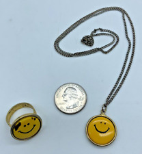 Vintage Rare Smiley Face Button Original 1960s Yellow Hippy Ring and Necklace picture