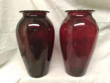 Pair of 1956 Anchor Hocking Ruby Red Glass Ruffled Edge 9 in Vases picture