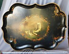 Antique papier mache serving tray 19th century classical garden painted gold picture