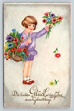 c1933 Girl w/Flowers Best Wishes for Your Birthday Embossed VTG Postcard 1116 picture