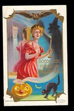 c1909 Taggart Halloween Postcard Victorian Lady Black Cat, Witch Silhouette picture