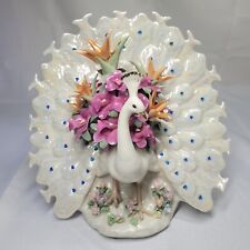 Suberto Porcelain Peacock Floral Music Box Rhinestone Irridescent Gold Accents  picture