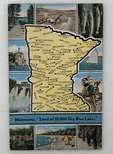 c 1940 Pictorial MINNESOTA MAP Linen Postcard Vintage MINE Walleye BEAR Lakes picture