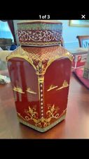 Vintage Asian Inspired Deep Red Ceramic Hexagon Vase with Lid picture