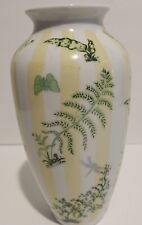 Vintage Maderia China Vase Green W/ Yellow Stripe Butterflies Dragonflies Plants picture