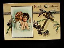 Clapsaddle? Angels Pray Purple Violets Emboss Easter Postcard picture