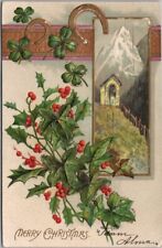Vintage 1906 MERRY CHRISTMAS Embossed Postcard Alps Scene / Holly / Glitter picture