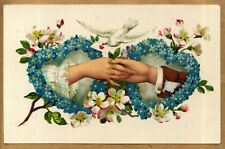 Latvia 1930's Greetings Postcard 'Two hands in love' w/Hearts & Flowers picture