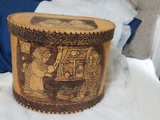 Vntg Russian Handmade Birch bark Container w/Hand Carved Image 9 1/2
