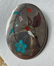 LARGE LARRY WATCHMAN 1970s STERLING SILVER HUMMINGBIRD INLAY PIN PENDANT picture