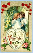 St Valentines Greeting Victorian Embossed Postcard Young Boy and Girl Kissing picture