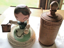 MINIATURE HAND MADE & DECORATED ARTICULATING WOOD FIGURINE, WOMAN WITH PAIL USED picture