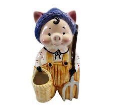 Vintage Enesco Japan Ceramic Farmer Pig Napkin & Toothpick Holder RARE picture