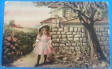 Antique “Watching for Papa” Girl In Garden Lithograph Postcard - Early 1900s picture
