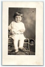 c1910's Cute Little Boy Curly Hair With Toy Studio RPPC Photo Antique Postcard picture