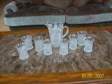 Early American Pressed Glass Water Pitcher & Eight Glasses Lovely Unique Design picture