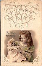 Birthday Greetings Postcard Little Girl Holding a Doll picture